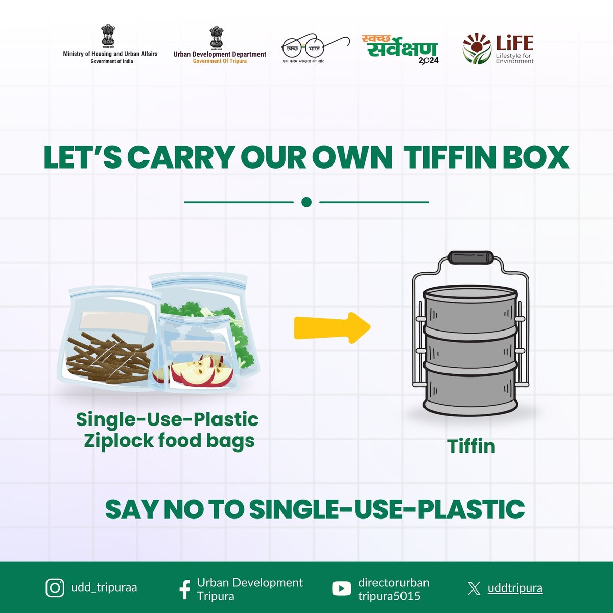 uddtripura's tweet image. SAY NO TO SINGLE-USE-PLASTIC.
Let's replace Plastic Food Bags with Reusable tiffin bags.
#stopsingleuseplastic #Sustainability  #cleantripura #sustainabletripura #swachhbharat  #sbm