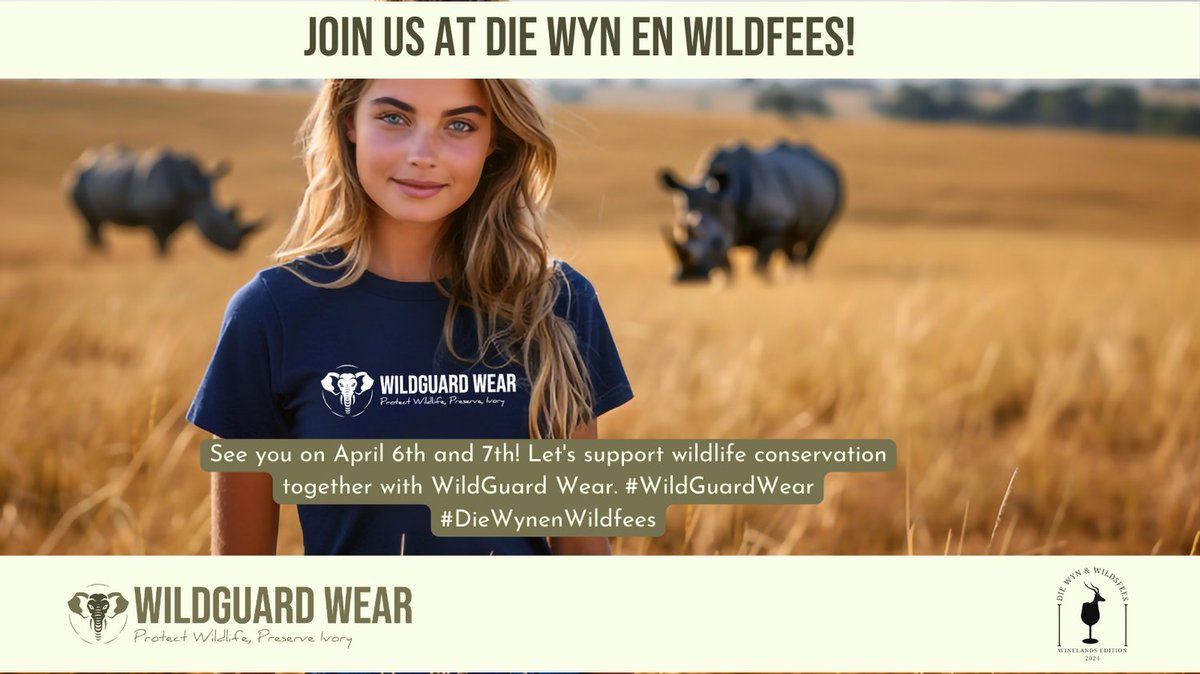 Join us at Die Wyn en Wildfees for a fashion-forward weekend with a purpose! 🐘 
Visit our booth on April 6th and 7th at Sandringham Farm, Stellenbosch, and support wildlife conservation with WildGuard Wear. 
Don't miss out! #WildGuardWear #DieWynenWildfees