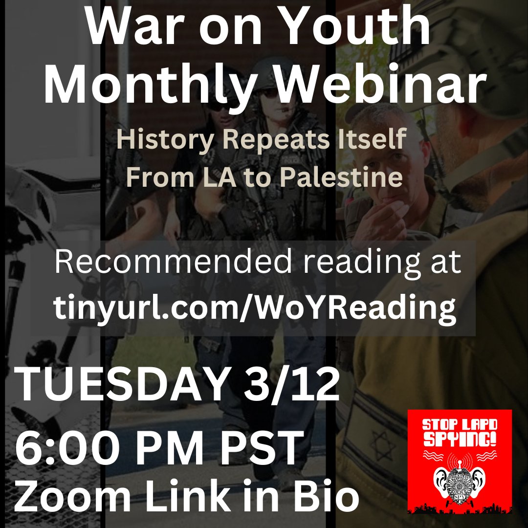 stoplapdspying's tweet photo. Join us this Tuesday at 6 pm, online, for our monthly War on Youth webinar.

Details here: https://t.co/EXsywvjC80 https://t.co/R7UC5CK6Te