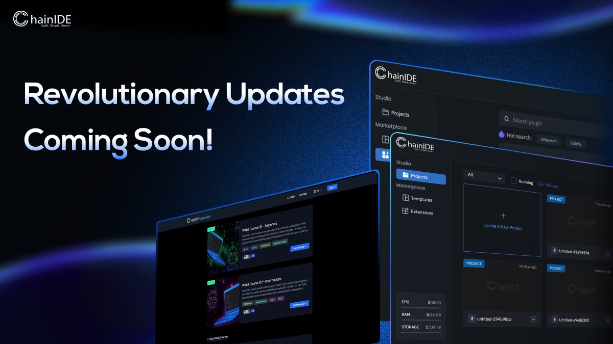 🌟 Major Updates Coming in 2024! 🚀#ChainIDE 🌍Brand New Website: Discover our redesigned ChainIDE site - simpler, more intuitive. 🖥️ ChainIDE Studio: Friendly, modern UI, better functionality, and VSCode extension support to build smart contracts and dApps efficiently. 🛠️