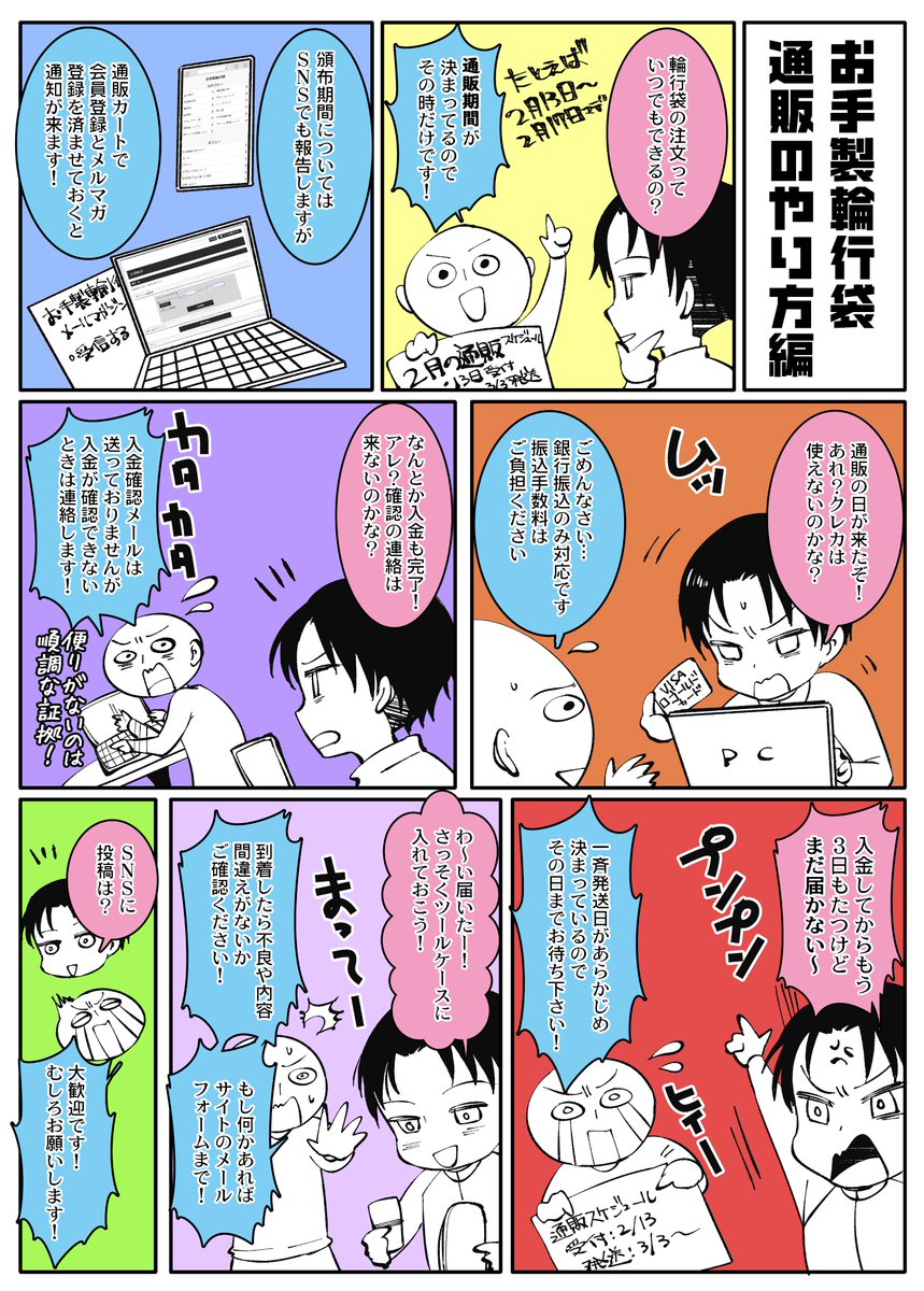 個人通販よく分からないよ～という方もいると思うので頒布の日程と流れを書いておきます。
通販受付期間にサイトの通販カートよりご注文を頂き、入金を期限内にして頂きます。その後、発送日にこちらから一斉発送…という流れになります☺注文の翌日には来ないので余裕を持ってお願い致します～ 