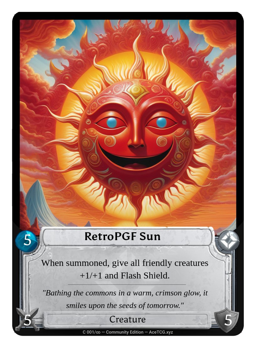 Cypherpunkfish1's tweet photo. @AceTCG_xyz is a lovely and solid project!! 

A week ago at their @EthereumDenver booth, I created this Surrealistic @optimism @retropgf sun! 🌞🔴✨ ...and won a Regen ETHbot Legendary physical card!

When OP stacks the deck! @JonasSFT @mettahead

🃏🤖: https://t.co/2B6SnwQOoJ https://t.co/wJ2nCCTMGs