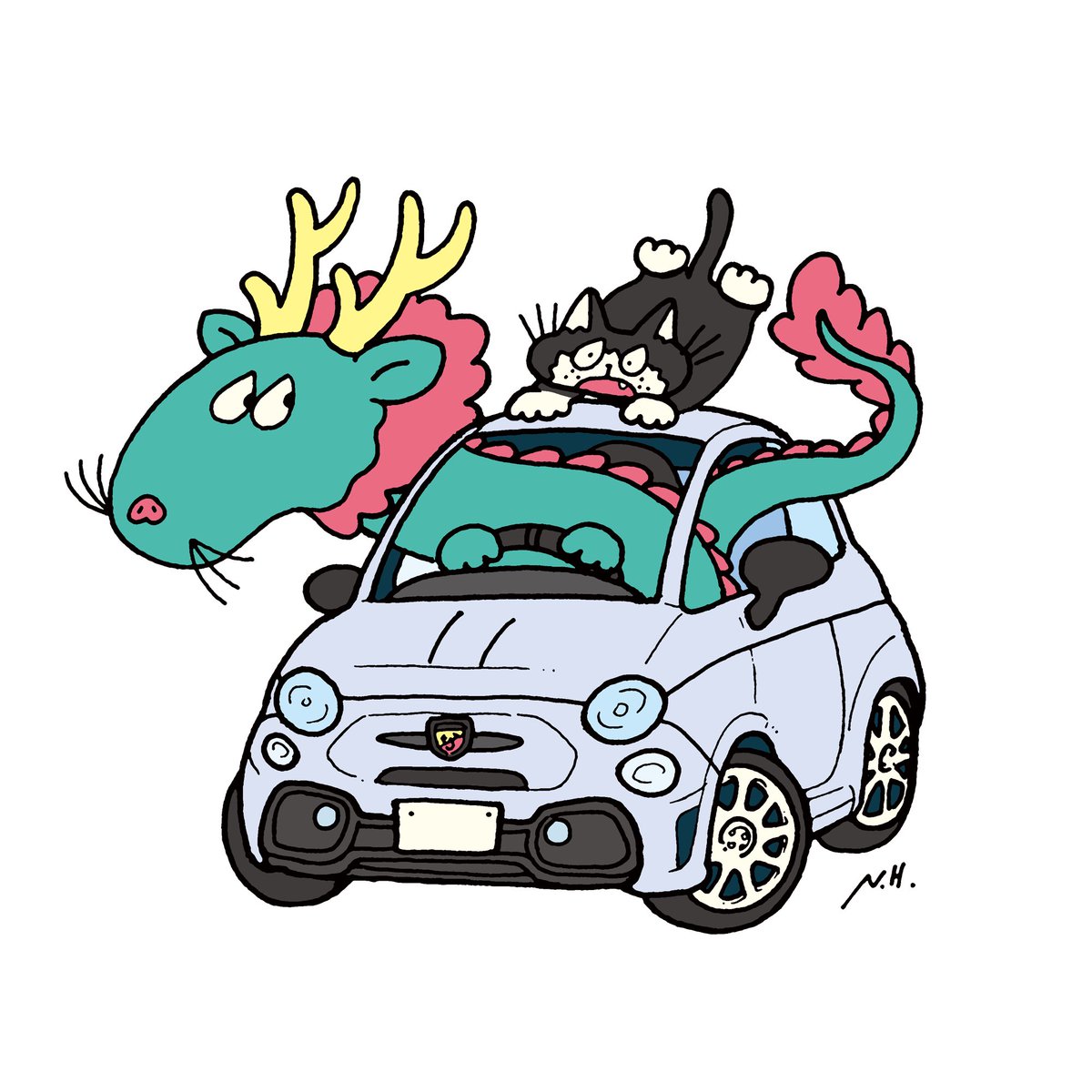 「アバルトに乗る龍とネコ。 」|ヒダカナオトのイラスト