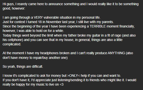 machinapensant's tweet photo. Hi guys, I'm in a somewhat complicated situation in my personal life (and this involves my projects and continuing to produce music) everything is explained below

If you can RT, I'd appreciate it https://t.co/vHMtYRDPN4
