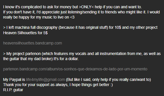 machinapensant's tweet photo. Hi guys, I'm in a somewhat complicated situation in my personal life (and this involves my projects and continuing to produce music) everything is explained below

If you can RT, I'd appreciate it https://t.co/vHMtYRDPN4