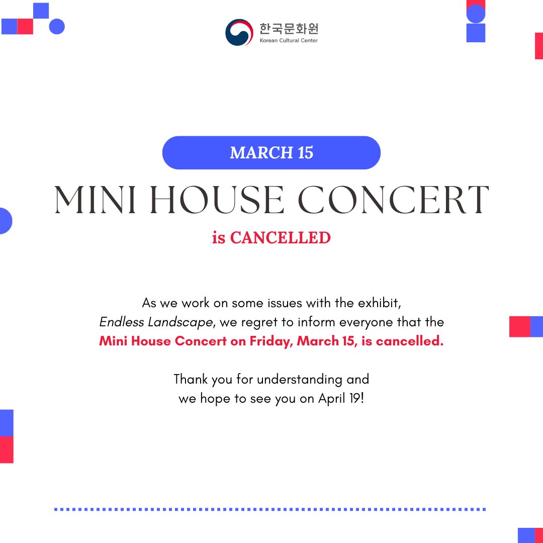 KCCPHIL's tweet photo. March Mini House Concert is cancelled!
As we work on some issues with the exhibit, Endless Landscape, we regret to inform everyone that the Mini House Concert on Friday, March 15, is cancelled.
Thank you for understanding and we hope to see you on April 19!
#EndlessLandscape https://t.co/rOkda6e4yF