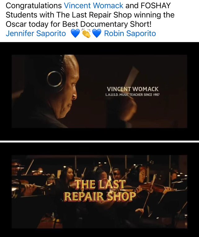 Foshay's own Music Teacher Mr. Vincent Womack became an Oscar Winner 🏆 tonight! Congratulations to Mr. Womack and his students for this amazingly unmatched achievement! <a href="/LASchools/">Los Angeles Unified</a> <a href="/LAschoolsSouth/">Region South</a> <a href="/LAUSDSup/">Alberto M. Carvalho</a> <a href="/drespicer88/">Andre Spicer</a>