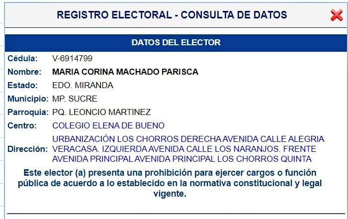 🚨 #ÚLTIMOMINUTO 📳📲
#10marzo 
🇻🇪🗳Página web del CNE hace pública la inhabilitación política a MCM

CNE ratifica la inhabilitación MCM de para ejercer cargos públicos y tampoco puede votar en las próximas elecciones. De acuerdo en lo establecido en la ley

#NoTeVistaQueNoVas