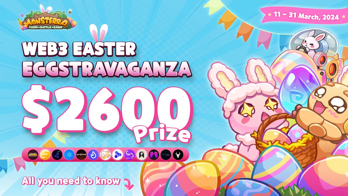 Monsterra_P2E's tweet image. 🐰Ready To Hunt &amp;amp; Win $2600 in prize this #Web3 Easter Eggstravaganza🥚

It's a lovely journey to collect the cutest eggs. Assemble your friends &amp;amp; hone your abilities to savor the joy, folks.

🔗Venue: app.questn.com/event/87960069…
⏰Opening: 12:00 PM UTC, Mar 11th-31st, 2024…