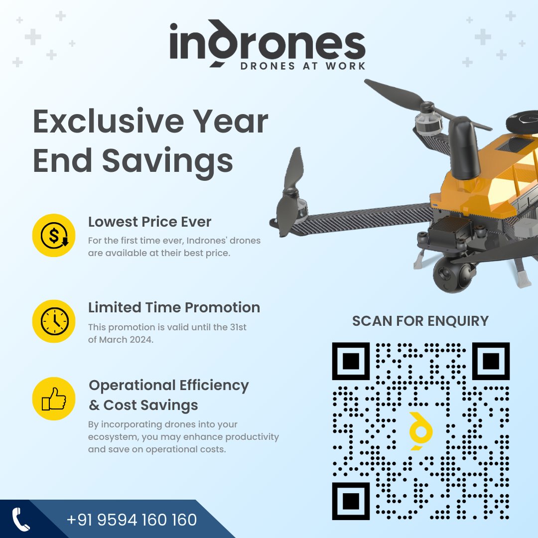 🚁 Elevate your business with UAVs! Grab our #limitedtimeoffer on high-tech drones before March 31, 2024. Indrones’ #drones are cost-effective and a smart investment. Save time, reduce costs, and ensure safety. 
Explore more: zurl.co/el9a 
#Promotion #Dronetechnology