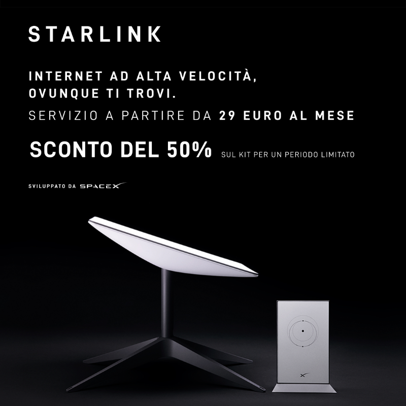Starlink's tweet photo. Nuovo piano di servizio Starlink disponibile in Italia a 29 € al mese + kit a metà prezzo (225 €, periodo limitato).