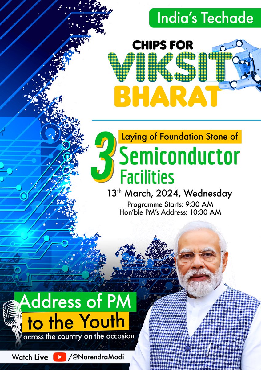 13th March is going to be a landmark day in Bharat’s emergence as a global hub for electronics manufacturing and design. 

Hon. PM <a href="/narendramodi/">Narendra Modi</a> ji is going to lay the foundation stone of 3 semiconductor facilities in Gujarat and Assam to give impetus to the