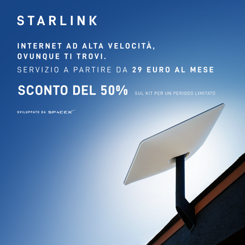 Starlink's tweet photo. Nuovo piano di servizio Starlink disponibile in Italia a 29 € al mese + kit a metà prezzo (225 €, periodo limitato).