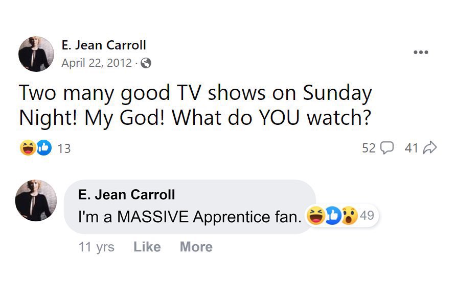 CKC66's tweet photo. @ByronYork @Maddox8212 E. Jean Carroll made this Fakebook post in 2012 (at least 13 yrs after she claimed in 2020 or so to have been a rape victim of Trump in an open but empty department store sometime in the 1990s). https://t.co/Um40ALtVJz