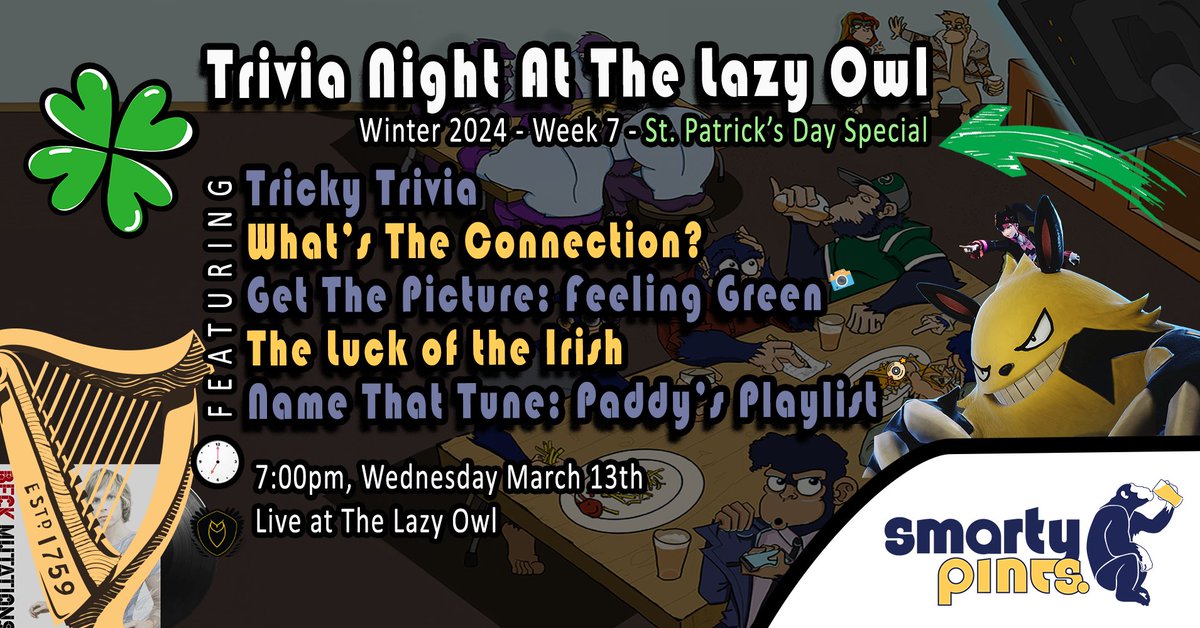 MrSmartyPints's tweet image. Happy (Almost) Saint Patrick's Day! Head on down to @lazyowlyqr  this Wednesday to test your luck and see if you can win some (maybe green?) beer!

The show starts at 7:00pm and is free to play as always

Super Secret Free Answer: Dartmouth College