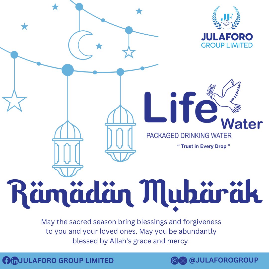 julaforogroup's tweet photo. Ramadan Mubarak from all of us at #LifeWater, 
remember that hydrating with clean water after fasting in Ramadan replenishes the body's fluids and aids in maintaining optimal health.

☎️  7744368/ 749 0723 / 754 9056 to order or enquire

 #QualityWater #Gambia #TrustInEveryDrop https://t.co/EkXxJ3iwJN
