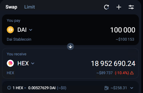 RichardHeartWin's tweet photo. Guys I'm trying to make the world a better place. I'm trying to get the #Ethereum fees down. Moving load from ETH to PulseChain achieves that. Onboards not getting murdered by slippage in and out is also nice. 

On PulseChain you can get 1.5% slippage for $100k eHEX buy. And in the best case, here's an example of using an aggregator to get more HEX for your $ on ETH. It uses $272 of gas to get you 12% slippage. Which is better than not using one: Which gets you 23% slippage. You get beat up the other direction as well if you sold.

Besides you owning some, why would you suggest someone buy eHEX over HEX?