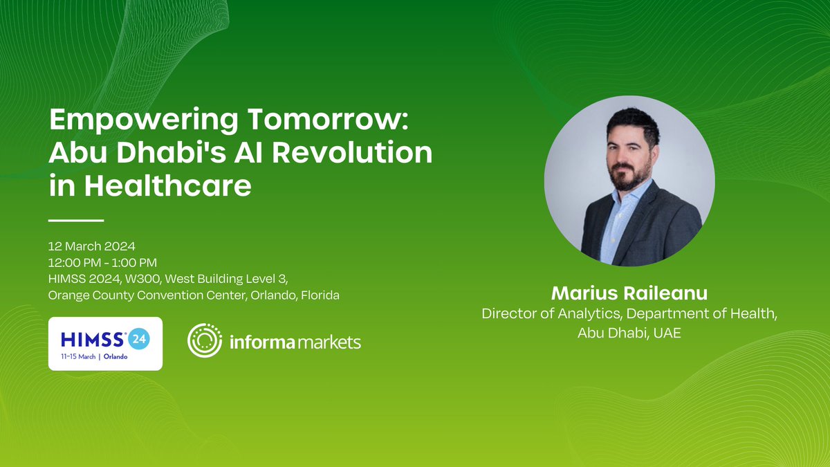 Dive into 'Empowering Tomorrow: Abu Dhabi's AI Revolution in Healthcare' with Marius Raileanu, Director of Analytics, Department of Health Abu Dhabi at @HIMSS on 12 March! Learn more: arabhealth.me/49NcSBa #HealthcareInnovation #DigitalHealth #AIRevolution #HIMSS24