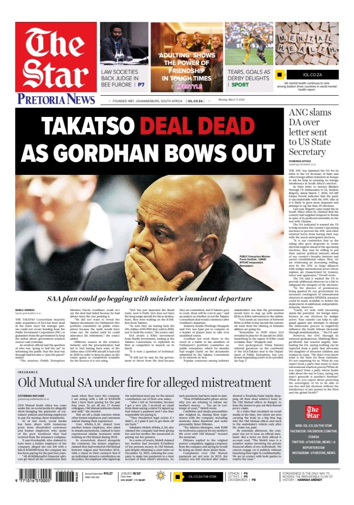 TheStar_news's tweet photo. Get a copy of @TheStar_News today!

In today’s paper: #Takatso deal dead as #Gordhan bows out; @OldMutualSA under fire for alleged mistreatment; #ANC slams #DA over letter sent to #USStateSecretary; and more:

#TheStarNewsPaper https://t.co/qv5SHRh8M7