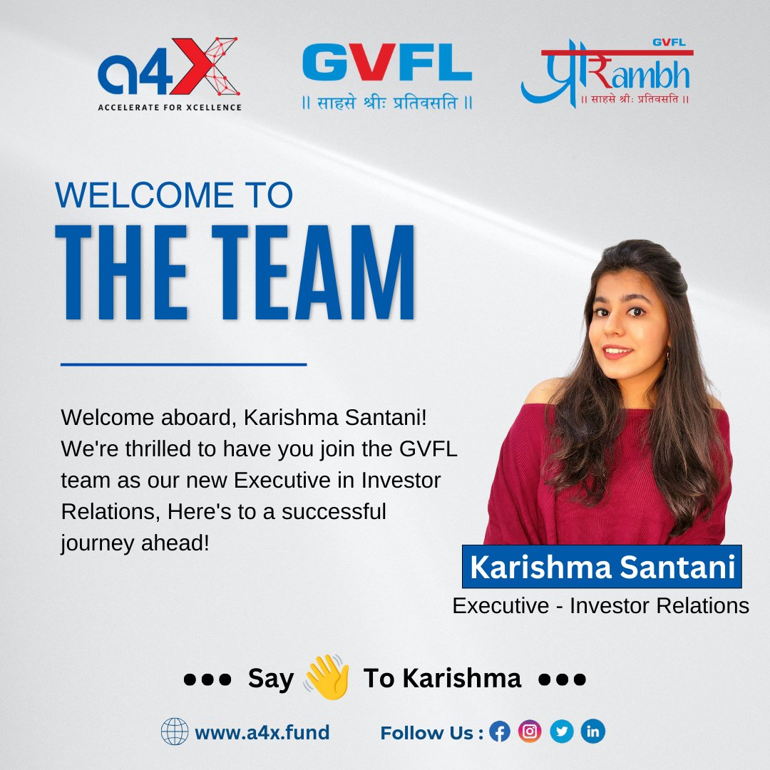 Join us in welcoming Karishma to the GVFL & a4X team. Here’s to new beginnings and the incredible journey ahead! We are thrilled to welcome Karishma Santani to our team as Investor Relations Associate. #GVFL #a4X #InvestorRelations #FinanceProfessional #NewBeginnings