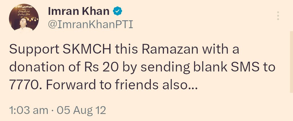 Khankamoo's tweet photo. رمضان شروع ہو چکا ہے عمران خان ہر سال فنڈ ریزنگ کیا کرتے تھے لیکن وہ جیل میں ہے اس بار شوکت خانم ہسپتال کو زیادہ سے زیادہ ڈونیٹ کریں۔۔۔ https://t.co/FMd5NRoDfF