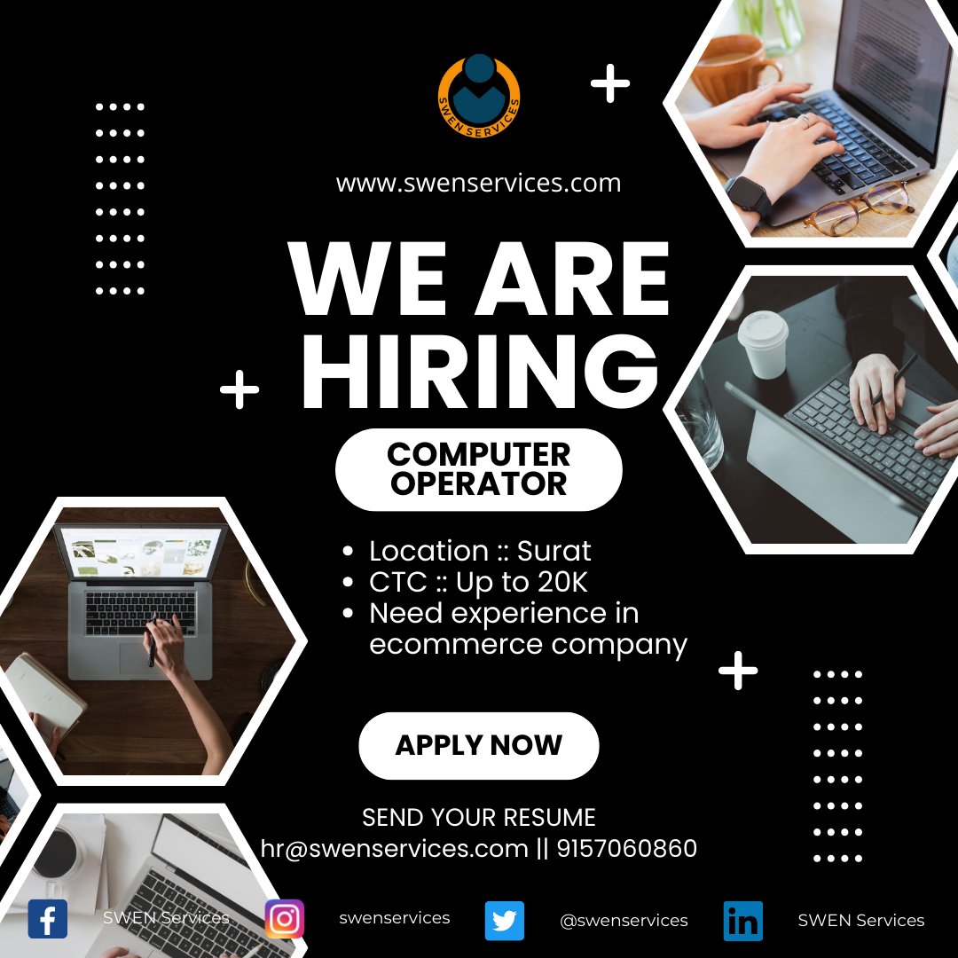 #hiringalert #computeroperator
Are you looking for computer operator job?
Here we have perfect match for your expertise
Call or share your resume on 91570 60860 for more details.
#suratjobs #jobsinsurat #computer #expert #dataentry #excel #mis #report #swenservices