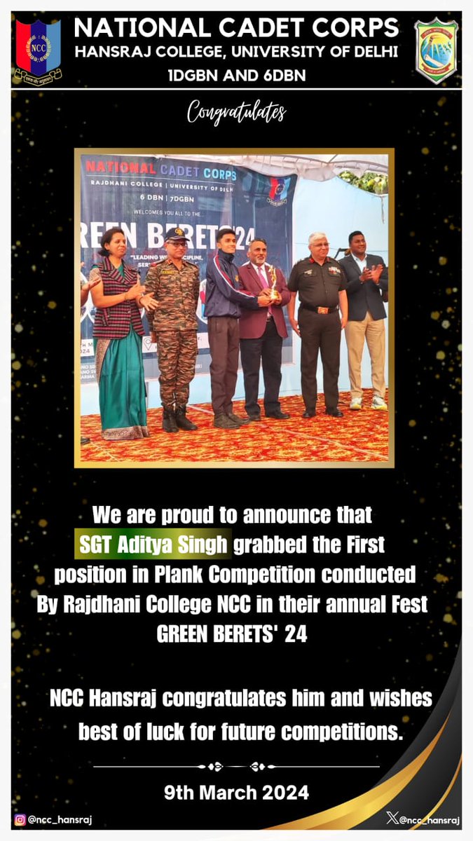 Jai Hind!
NCC HANSRAJ is proud to announce that SGT Aditya Singh grabbed the FIRST POSITION in PLANK COMPETITION conducted by Rajdhani College NCC in their annual Fest GREEN BERETS'24.