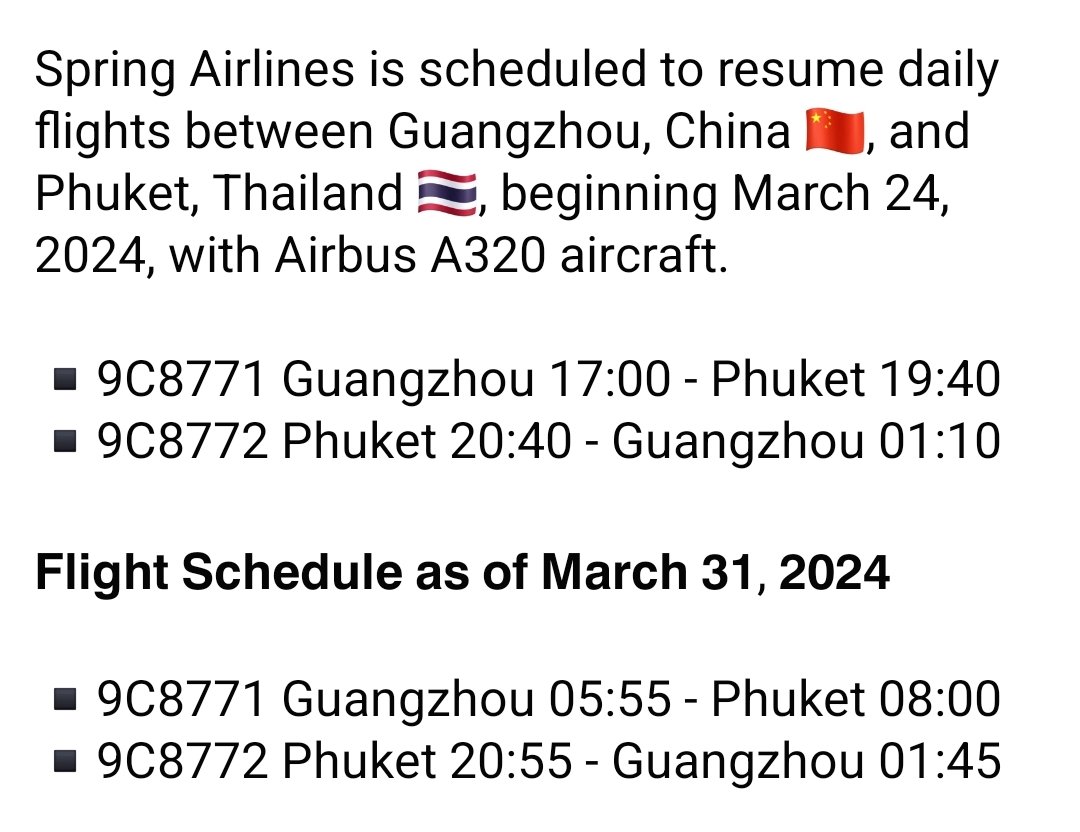FlightModeblog's tweet image. #SpringAirlines is scheduled to resume daily flights between #Guangzhou, China 🇨🇳, and #Phuket, Thailand 🇹🇭, beginning March 24, 2024, with Airbus A320 aircraft.

📷 ©Airbus

#China #Thailand #aviation #AvGeek #avgeeks #flights #Travel #traveler