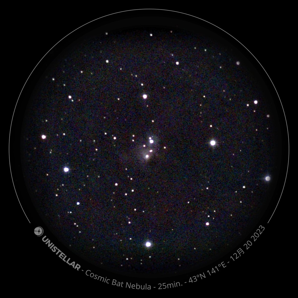 年末年始に、オリオン座の西のはずれにある、NGC 1788 星雲を観測した。ここで生まれた100万歳くらいの若い星が、まわりのガスを照らして、光っている反射星雲。画像20枚をスタックして、Lynkeos で処理した。
#eVscope