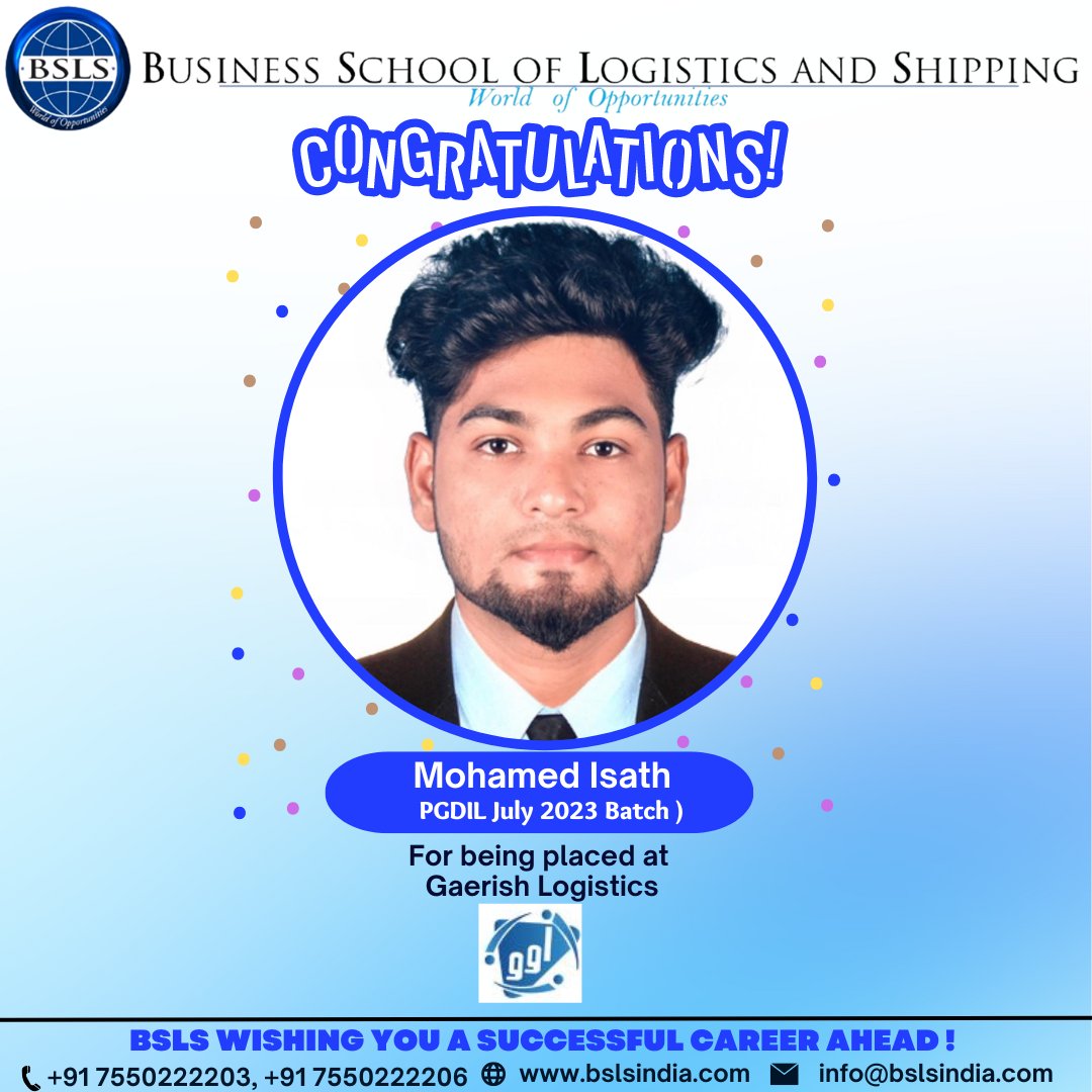 bslsindia08's tweet photo. Congratulations! We are extremely proud &amp; elated of our Student Mohamed Isath, for being at placed Gaerish Logistics.
BSLS wishes you a successful career ahead!!
We sincerely thank Gaerish Logistics for giving our student a wonderful opportunity!!
#bslsindia #logisticseducation https://t.co/9BRKbwyyAO
