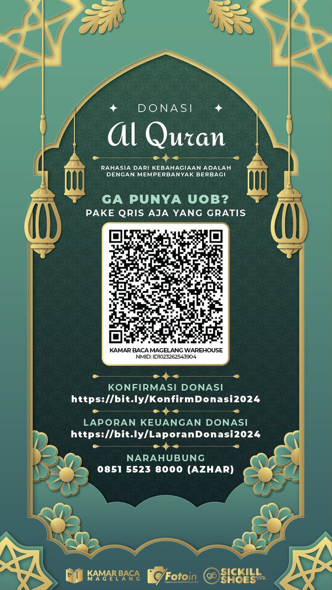 kamarbacamgl's tweet photo. Marhaban Ya Ramadan

🌙 Menyambut bulan penuh berkah, Ramadan, mari kita bergandengan tangan dalam kebaikan! 🌟

Bulan suci ini adalah momen ideal untuk berbagi kebaikan dan mendukung sesama. Kamar Baca Magelang bekerjasama dengan Sickillshoes  (@SickillShoes) dan Fotoin Project (@yaskurmuhd) kembali lagi mengadakan Donasi Al Quran tahun ini.

📚 DONASI AL QURAN: Rahasia dari Kebahagiaan adalah Memperbanyak Berbagi📚

Setiap donasi Al Quran yang Anda berikan tidak hanya menjadi panduan spiritual, tetapi juga sebuah warisan ilmu yang akan terus bersinar sepanjang waktu. Dengan meramaikan donasi ini, Anda turut berkontribusi dalam membuka pintu-pintu ilmu bagi mereka yang tengah merintis perjalanan kehidupan mereka.