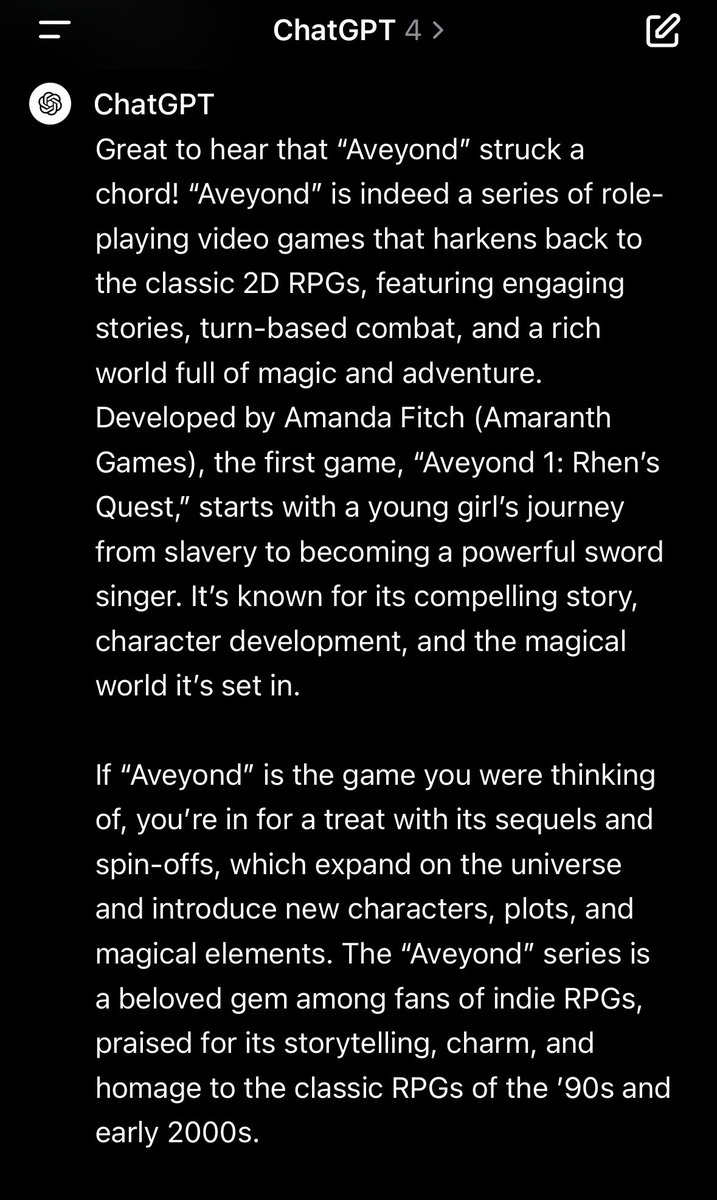 RishiMullur's tweet photo. For many years I’ve been wanting to find a specific RPG that I used to love when I was very young - googling never let me find it because I forgot the name and most of the details except few threads of the storyline. Finally, a long convo with GPT-4 found it - aveyond!🥹 https://t.co/G9dvv9BZDZ