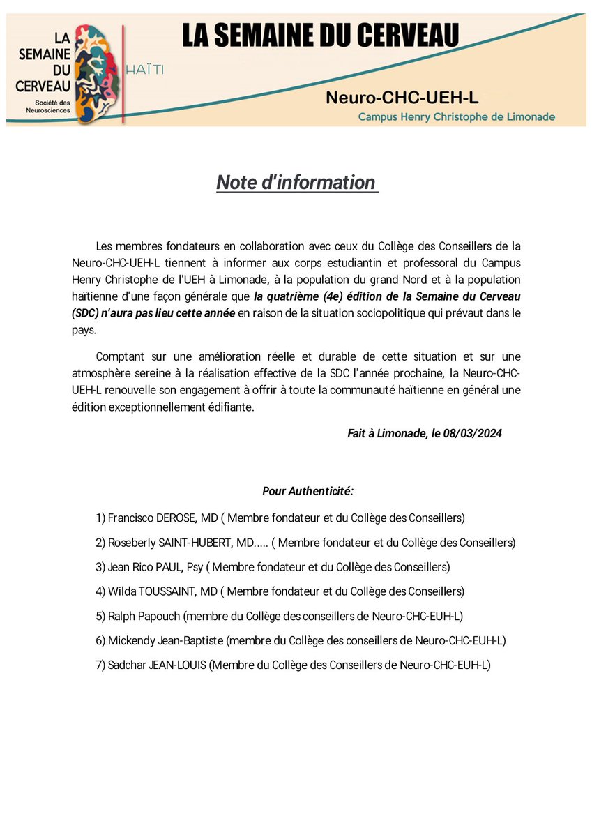 Note d'information 👇🏽
<a href="/dana_fdn/">Dana Foundation🧠</a> <a href="/SDC_Toulouse_/">Semaine du Cerveau Toulouse</a> <a href="/SDCNantes/">Semaine du Cerveau Nantes</a> <a href="/Semaine_Cerveau/">Semaine du Cerveau</a> <a href="/SemCerveau35/">Semaine du Cerveau_Rennes</a>  <a href="/LeNationalHaiti/">Le National</a> <a href="/nouvelliste/">Le Nouvelliste</a> <a href="/LoopHaiti/">Loop Haiti</a> <a href="/HaitiLibre/">HaitiLibre</a>