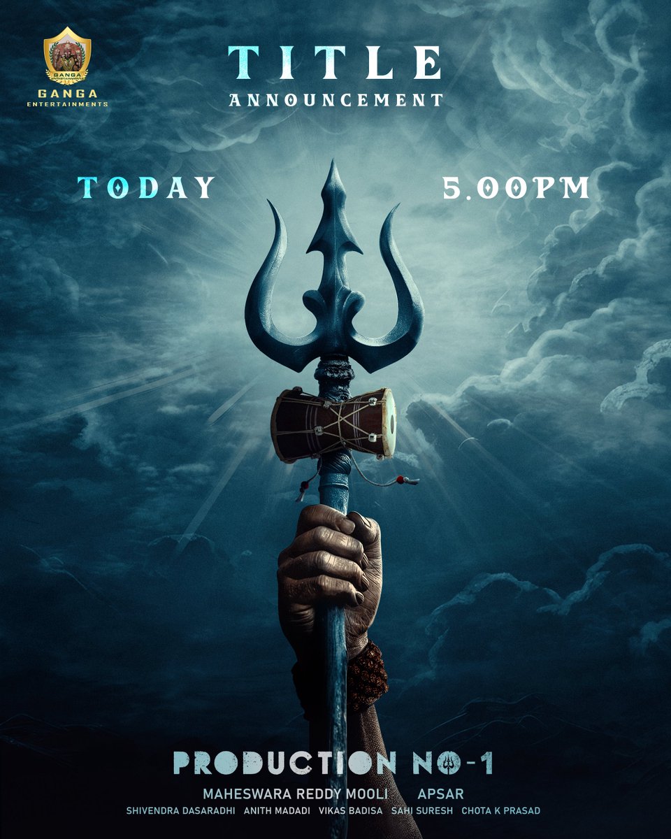 Ganga Entertainments (@gangaents) on Twitter photo Unveiling the power behind a thrilling vision 🔥
<a href="/GangaEnts/">Ganga Entertainments</a> - #ProductionNo1 Title Today @ 5 PM 🔱
<a href="/imashwinbabu/">Ashwin Babu</a> <a href="/arbaazSkhan/">Arbaaz Khan</a> <a href="/DiganganaS/">DiganganaSuryavanshi</a> @apsardirector <a href="/MaheswaraMooli/">Maheswara Reddy Mooli</a> <a href="/vikasbadisa/">Vikas Badisa</a> <a href="/Dsivendra/">Dasaradhi Sivendra</a> <a href="/ChotaKPrasad/">Chota K Prasad</a> <a href="/sahisuresh/">Sahi Suresh</a> #AnithMadadi Unveiling the power behind a thrilling vision 🔥
<a href="/GangaEnts/">Ganga Entertainments</a> - #ProductionNo1 Title Today @ 5 PM 🔱
<a href="/imashwinbabu/">Ashwin Babu</a> <a href="/arbaazSkhan/">Arbaaz Khan</a> <a href="/DiganganaS/">DiganganaSuryavanshi</a> @apsardirector <a href="/MaheswaraMooli/">Maheswara Reddy Mooli</a> <a href="/vikasbadisa/">Vikas Badisa</a> <a href="/Dsivendra/">Dasaradhi Sivendra</a> <a href="/ChotaKPrasad/">Chota K Prasad</a> <a href="/sahisuresh/">Sahi Suresh</a> #AnithMadadi