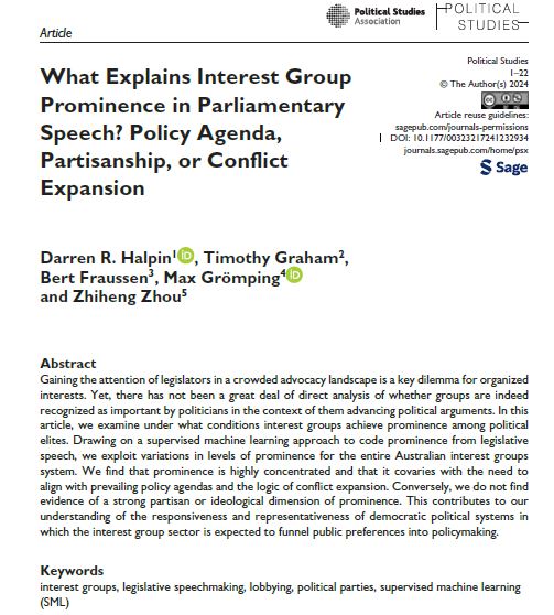 🚨New article w @darren_halpin @timothyjgraham @BertFraussen & Zhiheng Zhang in @PolStudies. What explains when and why #interestgroups are mentioned prominently in Australian 🇦🇺 parliamentary debates? A short TL;DR 🧵. 1/10 journals.sagepub.com/doi/10.1177/00…