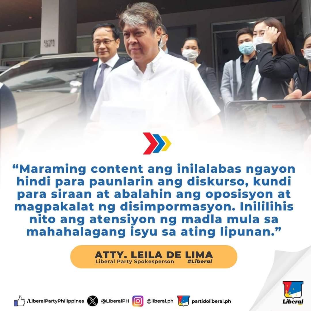 Statement of the Liberal Party
11 March 2024

Buo ang suporta ng Partido Liberal sa pagsasampa ni Senator Francis Pangilinan ng kasong cyberlibel sa isang Youtube personality at ilang Youtube channel owner. Naninindigan kami sa kalayaan ng bawat isa na magpahayag ng opinyon,(1/4)