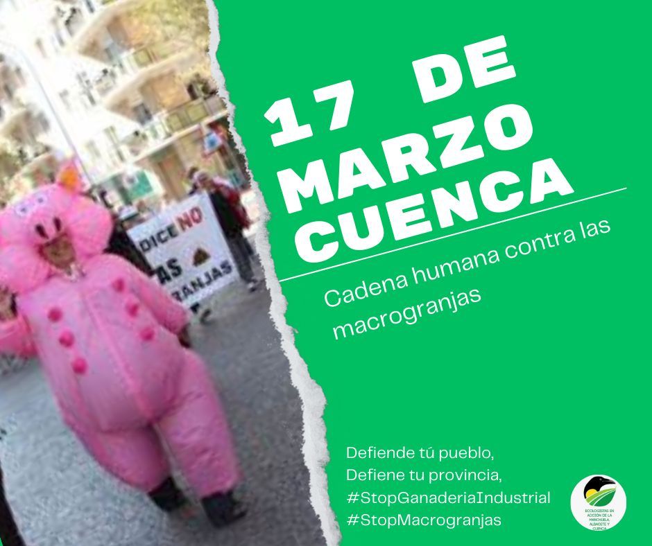 ¿Te preocupa el impacto de las macrogranjas en nuestra salud y en el medio ambiente? Entonces únete a nosotros el 17 de marzo a las 12 pm en la Plaza Mayor de Cuenca

#StopMacrogranjas
#StopGanaderíaIndustrial
#PueblosVivos
#NiUnaLicenciaMás
#NiEnTuPuebloNiEnElMío