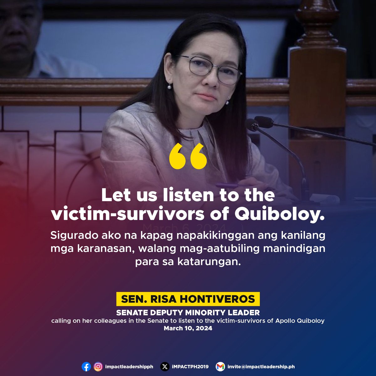 iMPACTPH2019's tweet photo. 'LET US LISTEN TO THE VICTIM-SURVIVORS OF QUIBOLOY'

Sen. Risa Hontiveros calls on her colleagues in the Senate to listen to the victim-survivors of Apollo Quiboloy, who is on the FBI's most wanted list and is facing allegations of sexual abuse and human trafficking. https://t.co/rM5paloEey