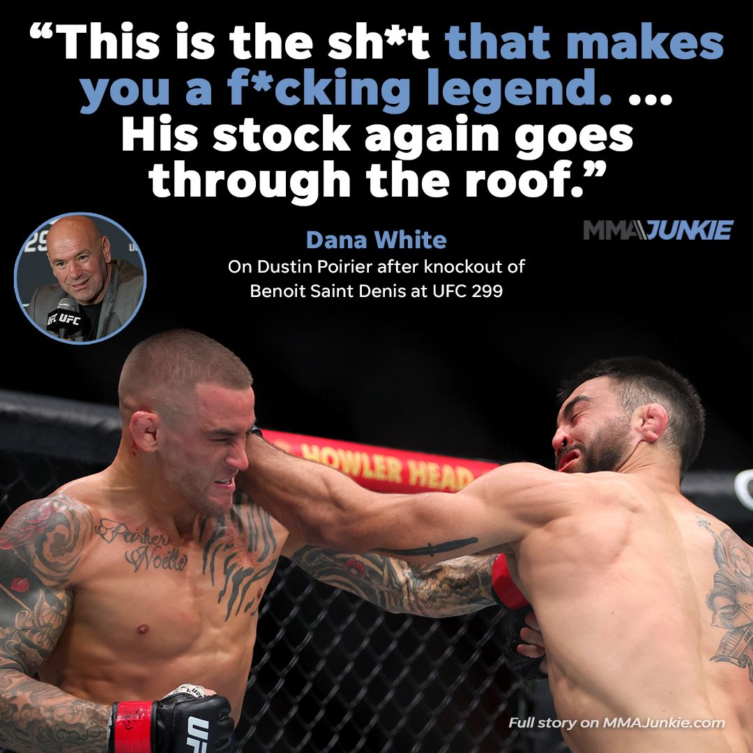 MMAJunkie's tweet photo. Dustin Poirier added to his legend status by fighting a lesser-ranked foe at #UFC299, says Dana White. 💯 https://t.co/oXIvQnLJVl