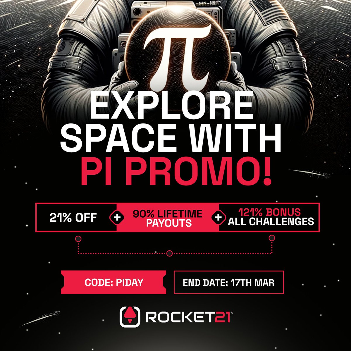 Rocket21funding's tweet photo. Explore the universe 🌌 with #ExploreSpaceWithPi Promo! 🚀 21% off + 90% lifetime payouts + 121% bonus on challenges. 🌠 Ends 17th March. Use code: PiDAY. Don’t miss out! #PiDayDeals Join Now! https://t.co/WztWKPIX0O https://t.co/Zqa65NKm3t