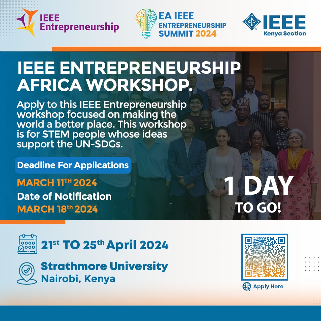 EEE Entrepreneurship Workshop - Africa Edition Nairobi Kenya 21st to 25th April 2024. Applications Deadline 11th March 2024. : bit.ly/IEEE-Entrepren… LinkedIn: linkedin.com/company/ieee-e… Instagram: instagram.com/ieeeentreprene… Facebook: web.facebook.com/people/IEEE-En…