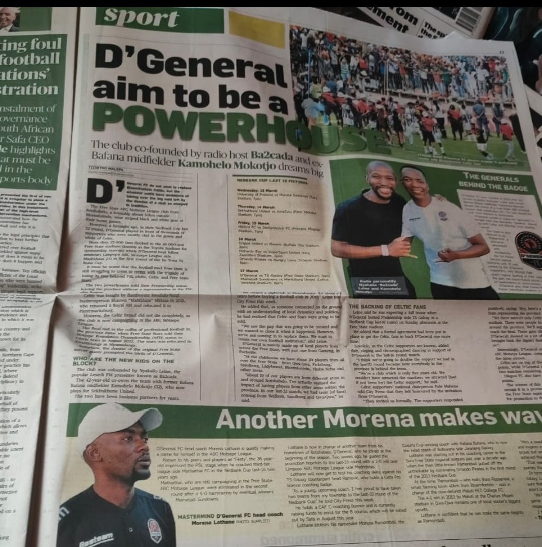 D'General FC last 16 Nedbank Cup game against TS Galaxy, Toyota Stadium, Sunday 17th at 3pm.We request the whole province support for this game,it is only through your support that we can make it difficult for the opponents. Thank you to City Press newspaper with coverage.