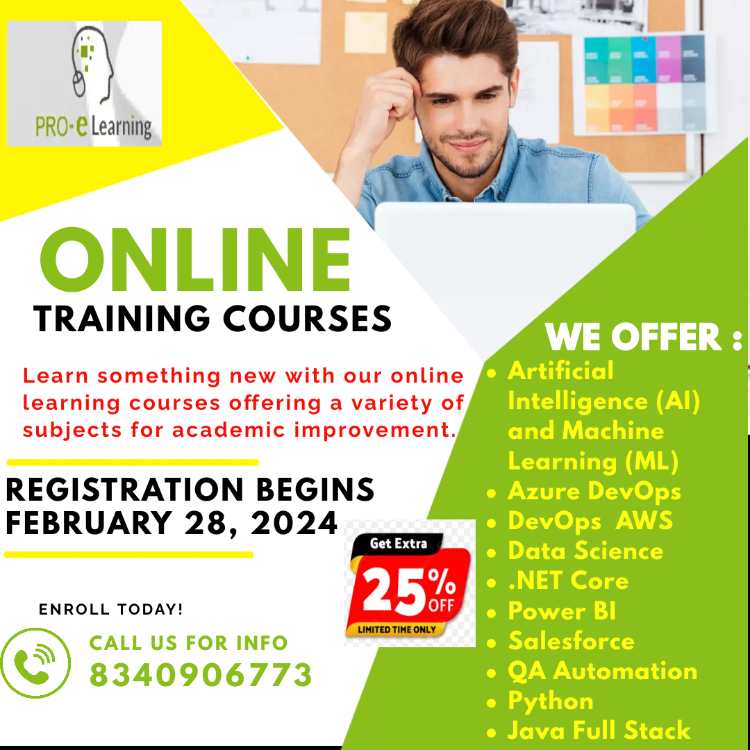 pro_elearning's tweet photo. #PRO-e Learning Online Training#

Certainly! Here's a list of courses available:
1. *Artificial Intelligence /Machine Learning*
2. *Azure DevOps*
3. *DevOps AWS*
4. *Data Science*
5. *.NET Core*
6. *Power BI*
7. *Salesforce*
8. *QA Automation*
9. *Python*
10. *Java Full Stack* https://t.co/zoM37MJOOj