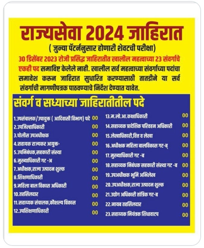 #राज्यसेवा_2024_जागावाढ 
#राज्यसेवा_2024_1500

राज्यसेवा संवर्गात 35 उपसंवर्ग असूनही फक्त 12 उपसंवर्गांची केवळ 205 जागांसाठीची जाहिरात काही दिवसापूर्वी MPSC कडून प्रसिद्ध झाली आहे, या जाहिरात मध्ये सर्व 35 संवर्गाची 1500+ जागावाढ शासनाने करावी ही विनंती.

Last_Objective_Attempt