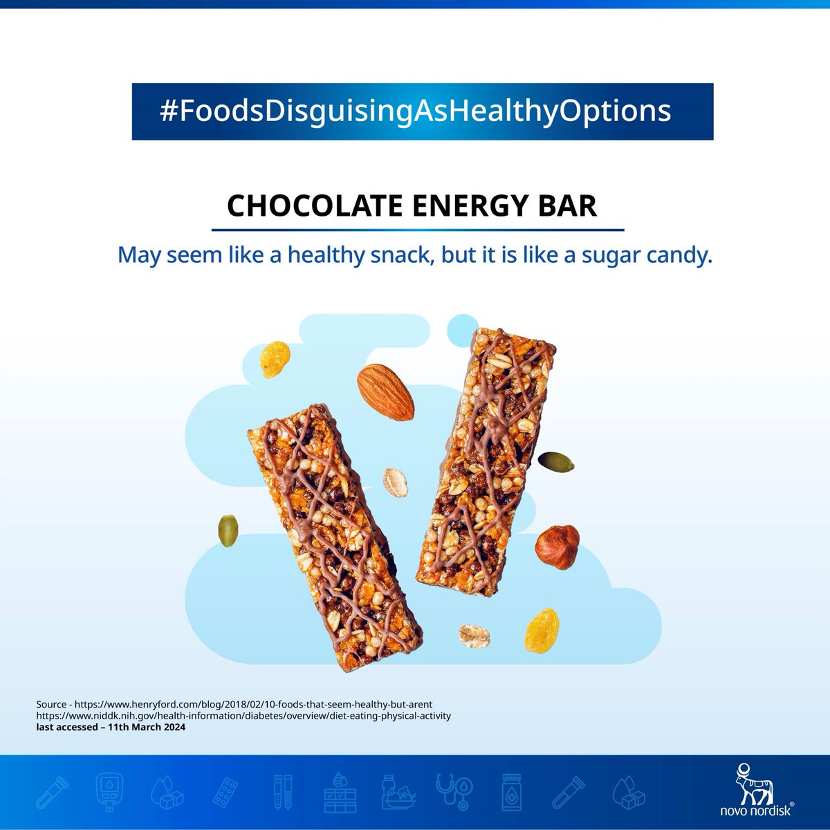 NovoNordiskIN's tweet photo. Most energy bars are no different in terms of sugar, calorie, and fat content than a standard candy bar – especially the ones that are coated in chocolate.​ Read the labels before you consume anything! ​

​#Diabetes #HealthySnacks #DrivingChangeForGenerations https://t.co/tjO5cBtAcA