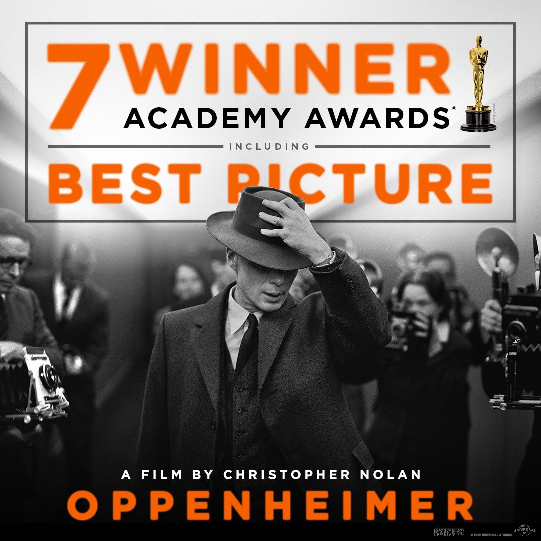 #Oppenheimer reigns supreme at the #Oscars, claiming 7 awards!!

• Best Picture 
• Best Director  
• Best Actor  
• Best Supporting Actor 
• Best Film Editing 
• Best Cinematography 
• Best Original Score

#Oscar2024 #OppenheimerSweep #Tupaki