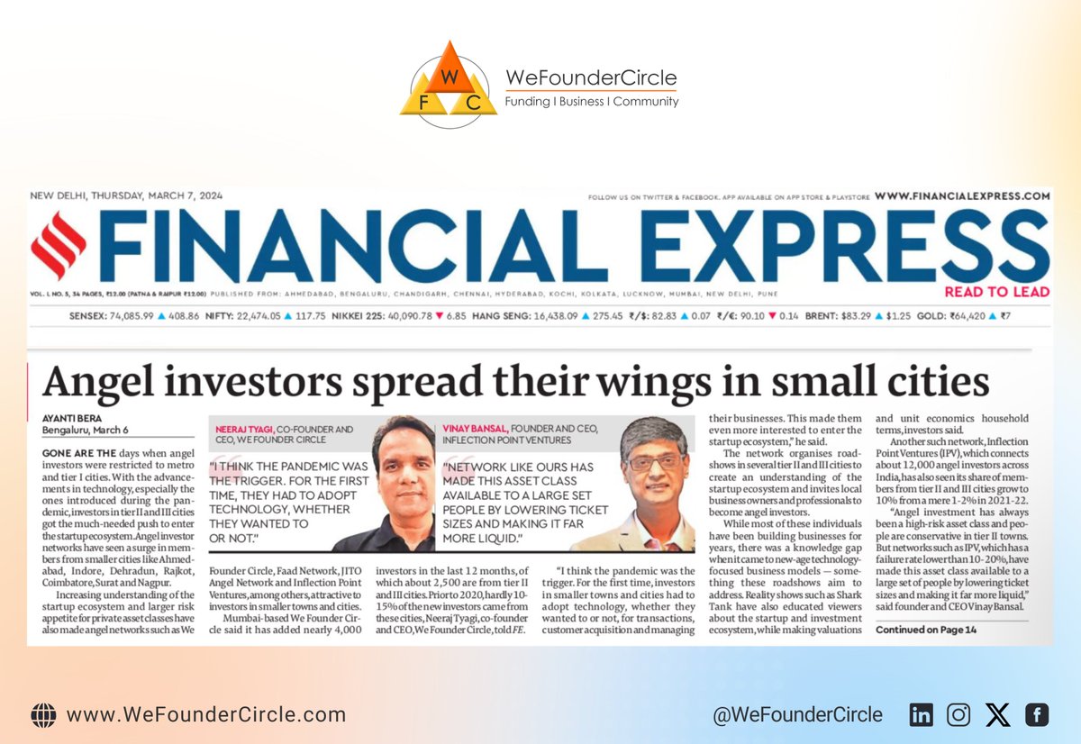wefoundercircle's tweet photo. Expanding Horizons: From Business Owners to Angel Investors: Bridging the Knowledge Gap 🚀
Our angel network has grown with 4,000 new investors, 2,500 from India's tier II & III cities.
#WeFounderCircle #AngelInvesting #StartupEcosystem #Innovation #Investment #Entrepreneurship https://t.co/DkJVDSuPrC