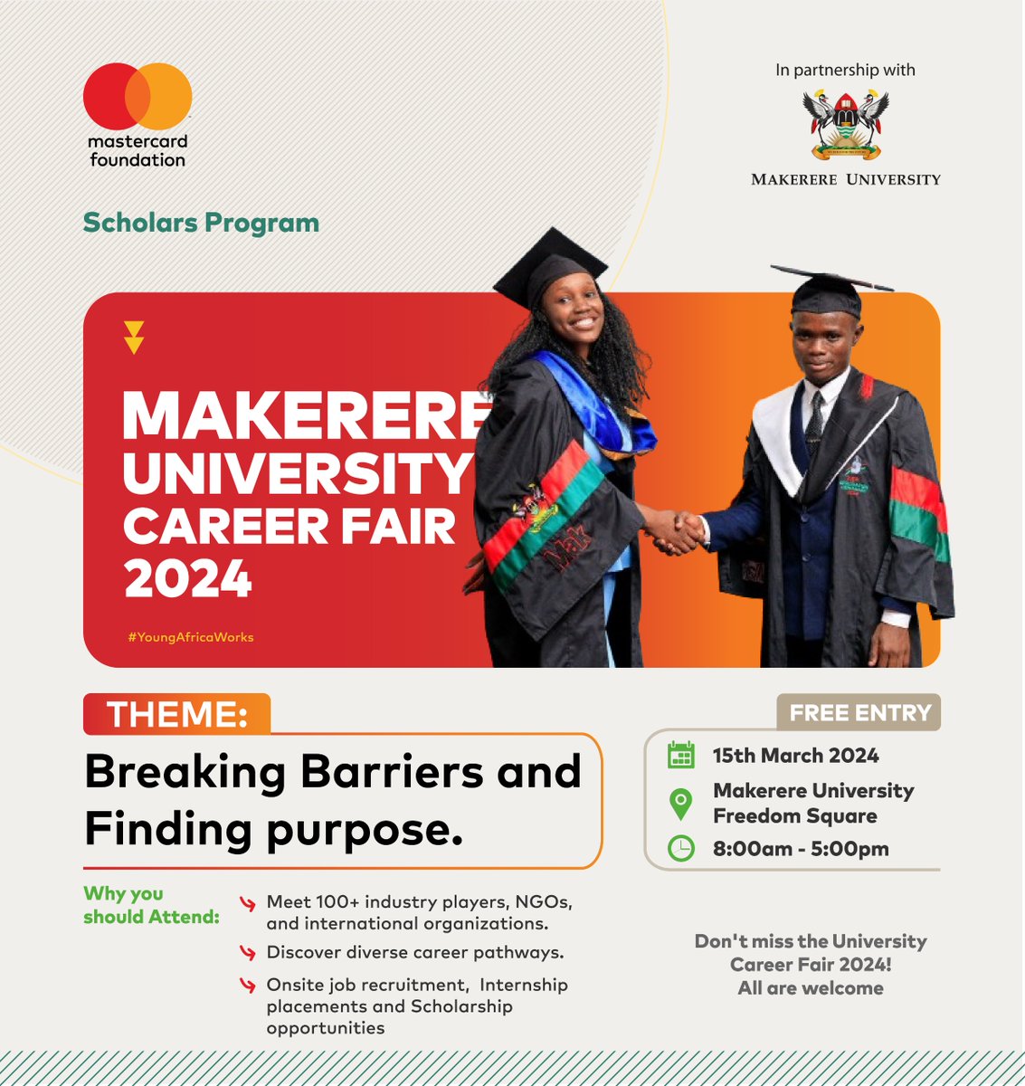 It's that time of the year again when @MCFMakerere brings to you the Makerere University Career Fair 2024. This year's Fair will be held on 15th March 2024, at Freedom Square, Makerere University. @MakGuild, please mark the date. @BUYINZAMUKADAS1 @burtbern1 @MajangaOchwo