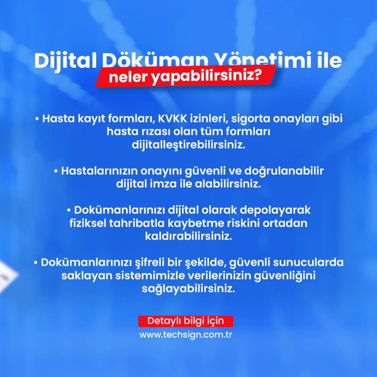 Dijital döküman yönetimi zaman kazandırır! Hasta kayıt formları, KVKK izinleri, sigorta onayları gibi imza gerektiren tüm formları dijitalleştirin, imzalatın, takip edin, saklayın ve ihtiyaç duyduğunuzda arşivlerde anında bulun. #dijitalimza #onlineimza