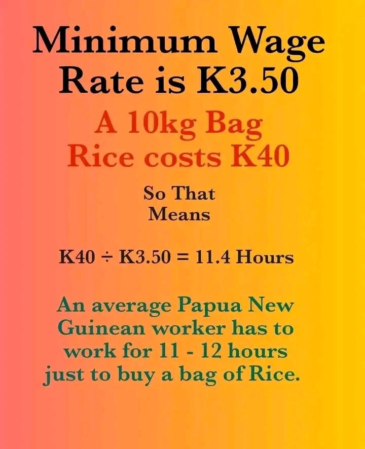 This is a very serious issue which is terribly unfair. People with K3.50 rate work one full day for K42.00(12hrs) & K28.00 (8hrs), which is equivalent to the price of a 10kg rice bag. We are rich in resources, but our govt is operating selfishly and letting us struggle so hard.